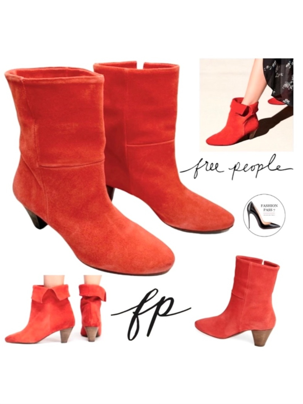 Free People Adella Red Suede Mid‑Calf Booties Almond Toe Fold‑Over Wood Heel 37